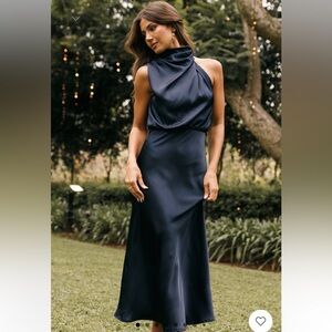Petal & pup Annabelle asymmetric mock neck wedding guest dress navy